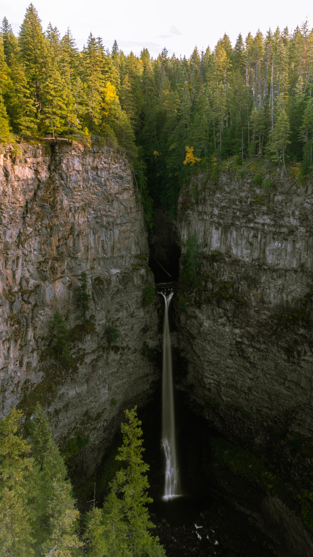 Spahats Falls dropping through its rocky canyon in Wells Gray