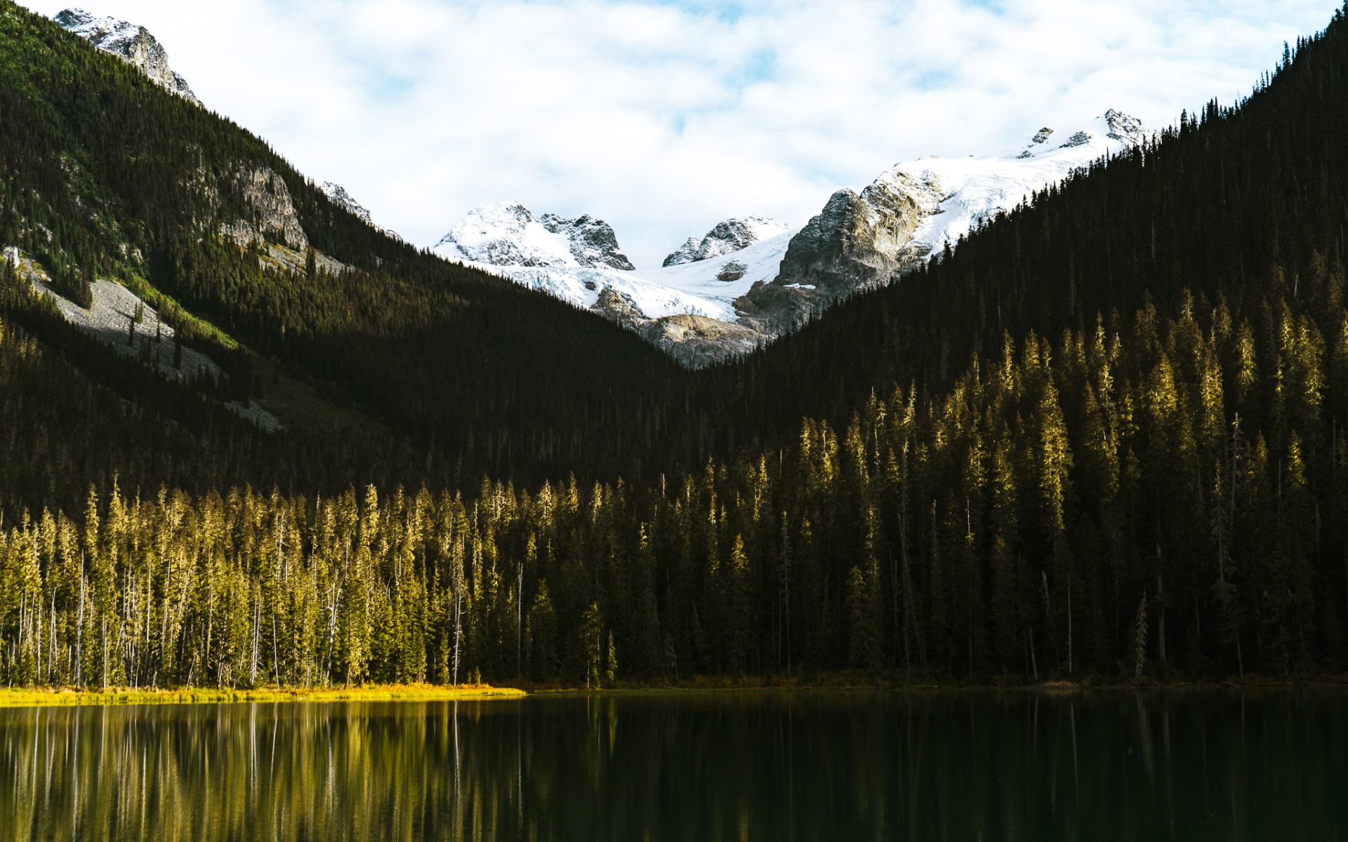 A still glacial lake reflecting pine forest and snow-capped peaks.