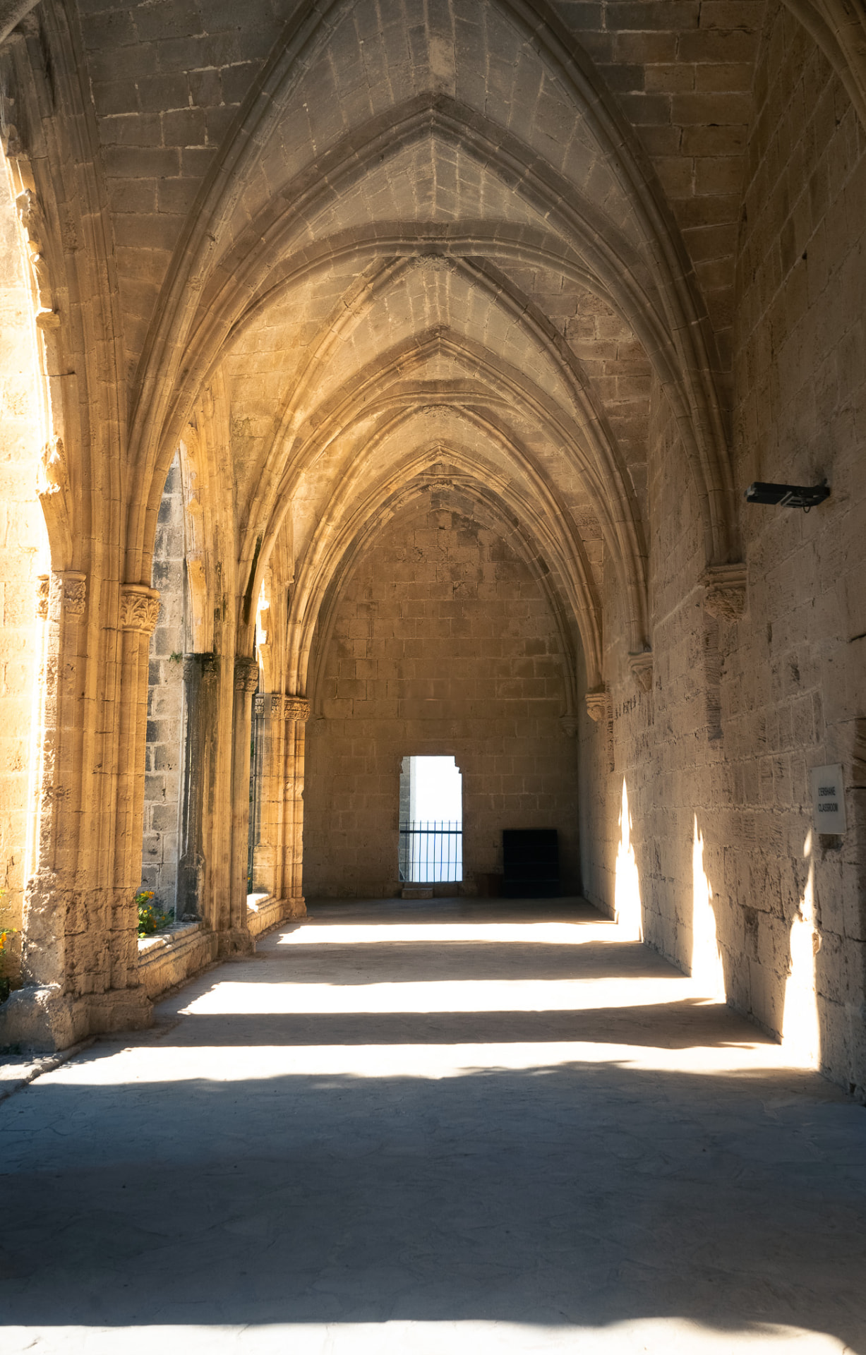 The Gothic cloister of Bellapais Abbey, golden stone arches receding into warm evening light