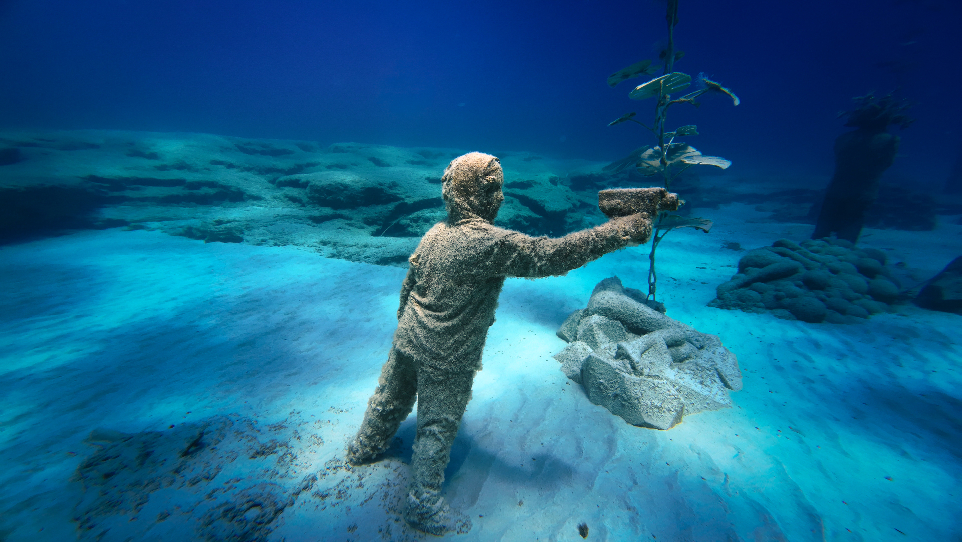 A solemn sculpted figure on the seabed reaching out toward a slender underwater tree.