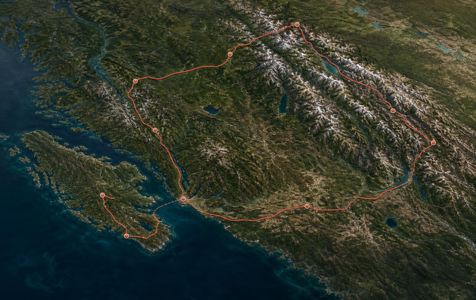 Raised-relief route map tracing a road trip from Vancouver through the Canadian Rockies and Vancouver Island