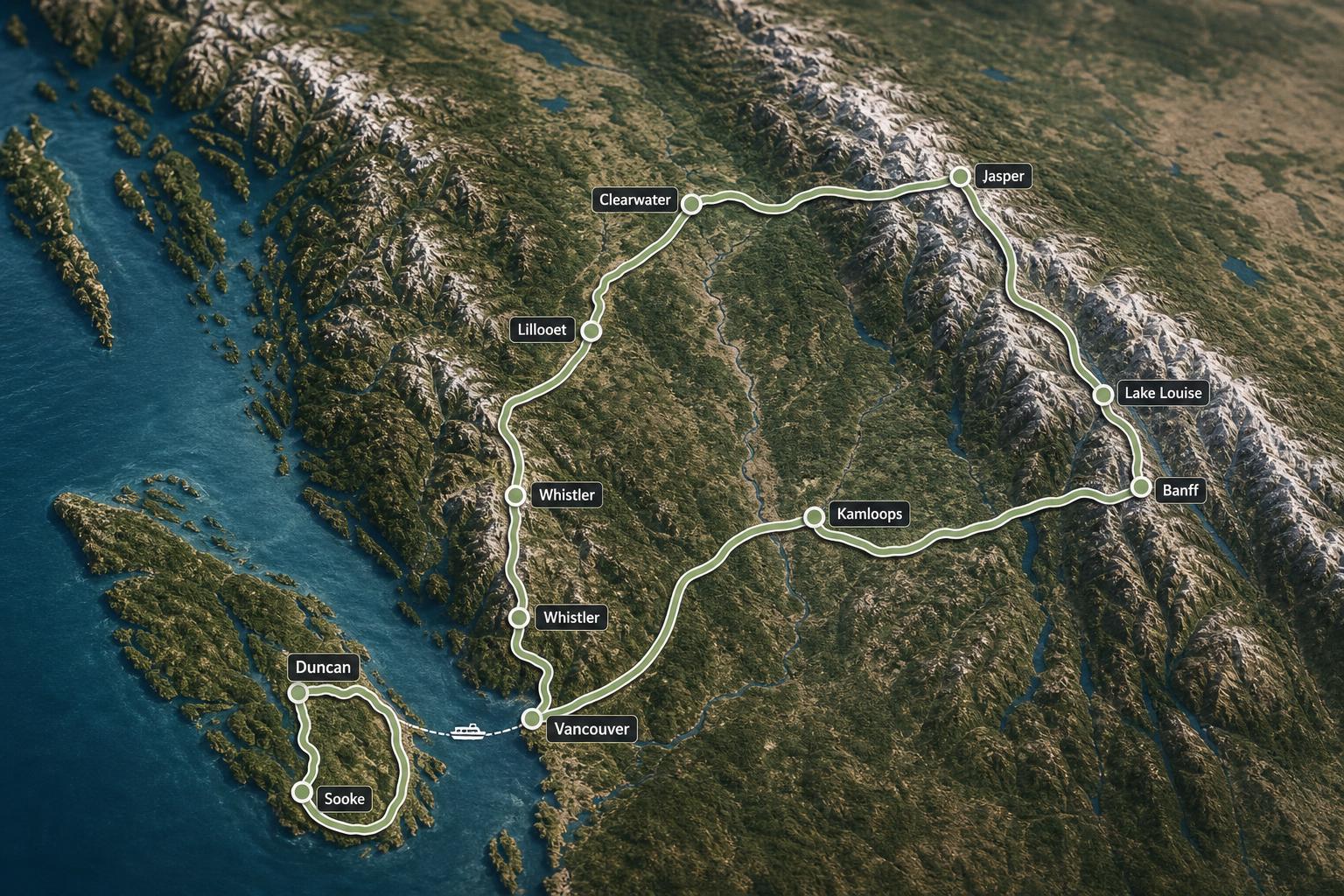 Map of the route: Whistler · Lillooet · Clearwater · Jasper · Lake Louise · Banff · Kamloops · Sooke · Duncan